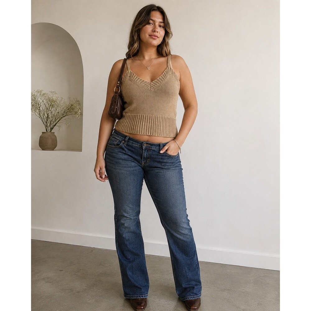 Vintage Moda Intl Knit Tank Tan 100% Cotton Adjustable Straps Size L 90s Y2K